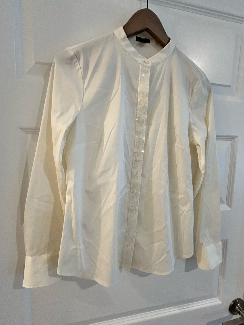 Ann Taylor Sequin Trim Shirt Mandarin Collar Cream Size 8P Petite